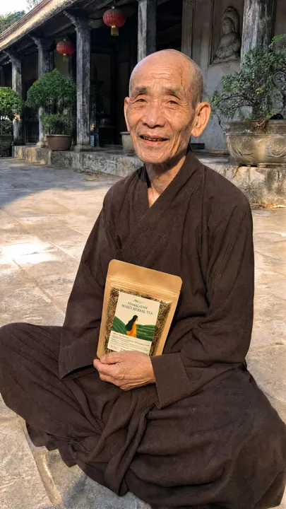 AI actor holding a herbal tea pouch to camera